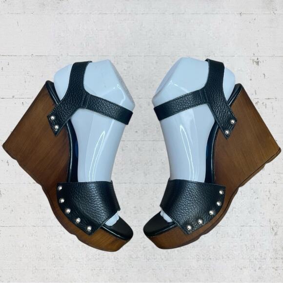 Christian Di Riccio Black Leather Platform Wedge Sandals Size 7.5 EU 38 Italy - Picture 2 of 8